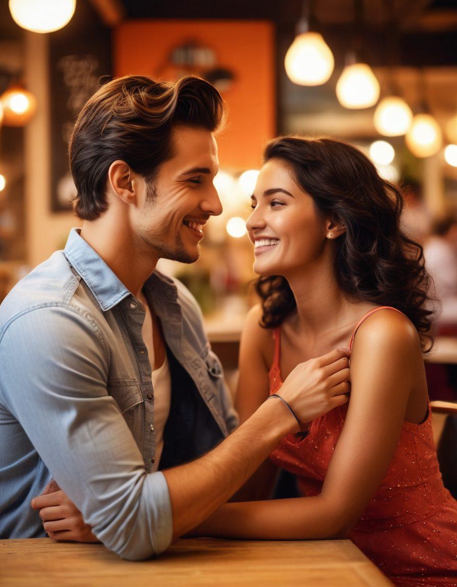 A charismatic couple engaging in playful flirting in a lively café, surrounded by soft glowing lights and romantic ambiance. The woman is playfully touching her hair, while the man leans in with a charming smile, exuding confidence. Incorporate elements of modern romance like stylish outfits and subtle gestures, showcasing the excitement of new connections. The background should feature blurred silhouettes of other couples, enhancing the theme of modern relationships. vibrant colors. soft focus.