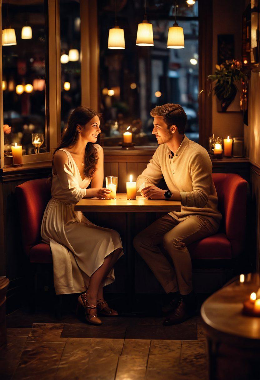A captivating scene depicting a couple engaging in deep conversation in a cozy, dimly lit café, surrounded by soft candlelight and warm colors, symbolizing the journey from attraction to intimacy. Include subtle visuals of connection, like intertwined hands and meaningful glances, with hints of modernity like trendy attire and chic decor. The atmosphere should evoke feelings of warmth and desire. super-realistic. warm colors. cozy ambiance.